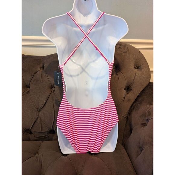 KATE SPADE Ringmaster Swimsuit Striped Radiant Pink Plunging V-neck Size M BNWT - Picture 6 of 16